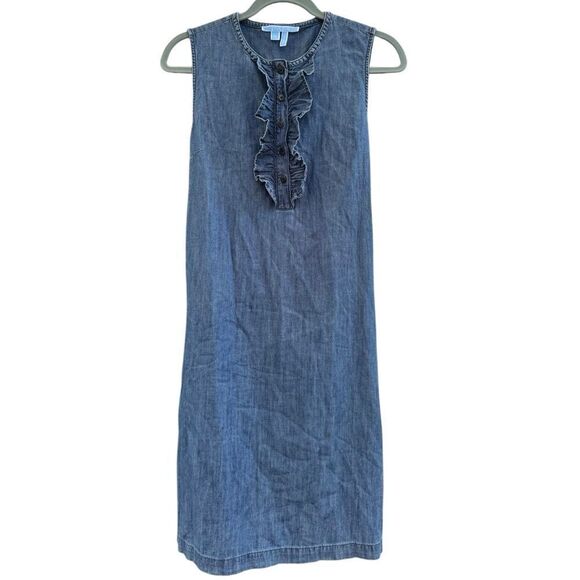 Draper James Women's Sleeveless Belted Demi Ruffled Chambray Dress Size Small - Picture 4 of 10